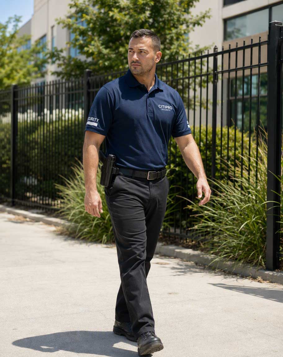 Armed CITIPRO security officer walking outside a commercial property
