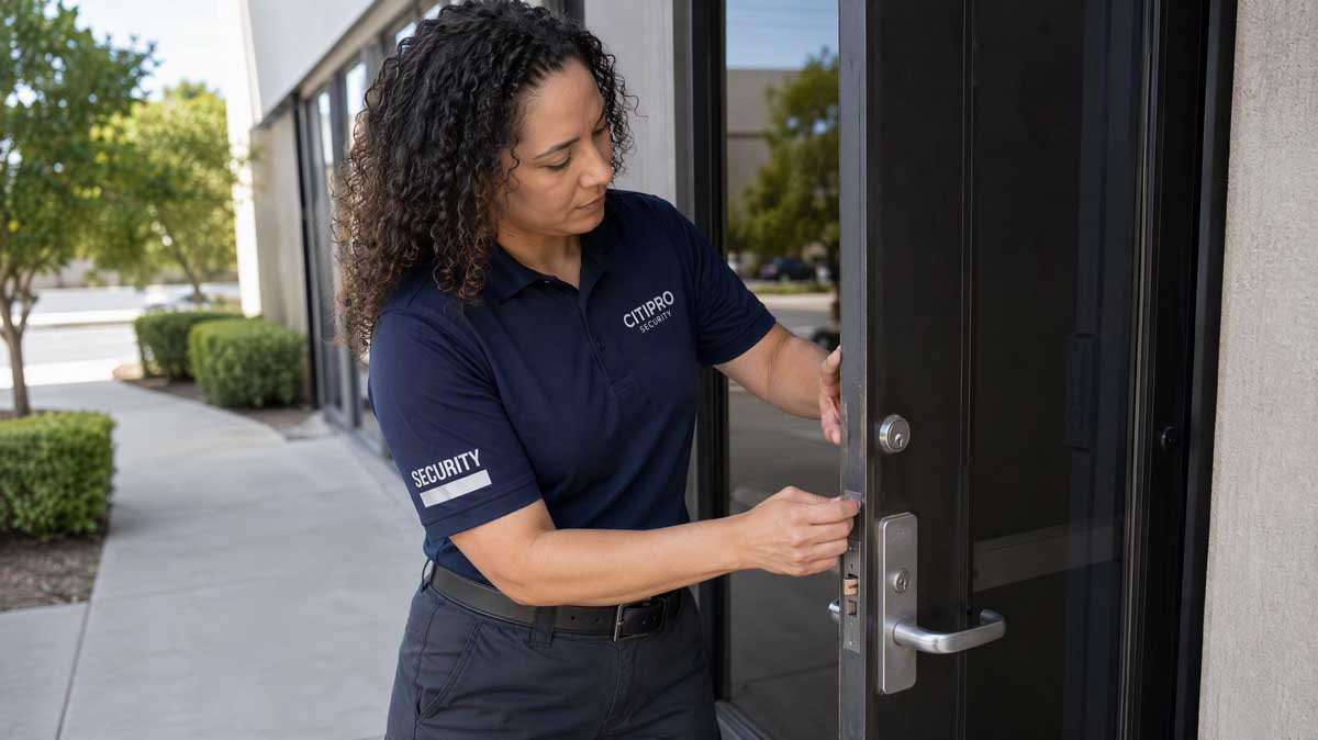 CITIPRO security officer inspecting a commercial entrance door