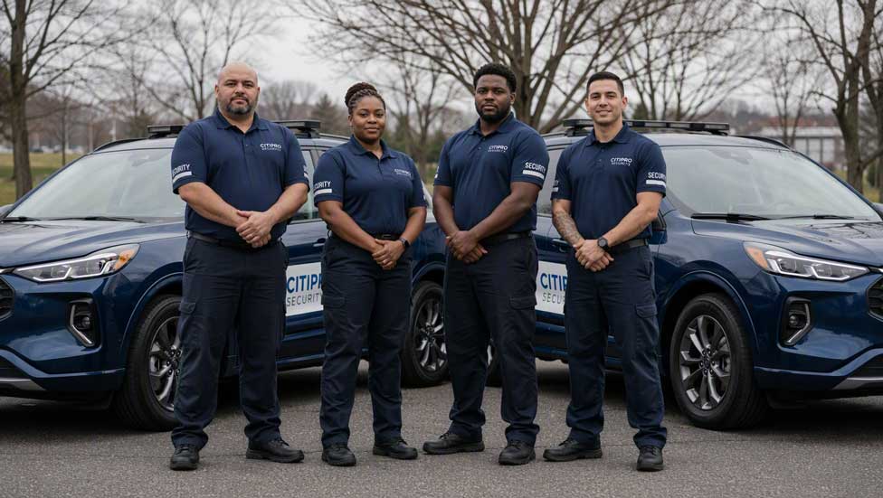 CITIPRO Security officers standing together in uniform in front of patrol vehicles