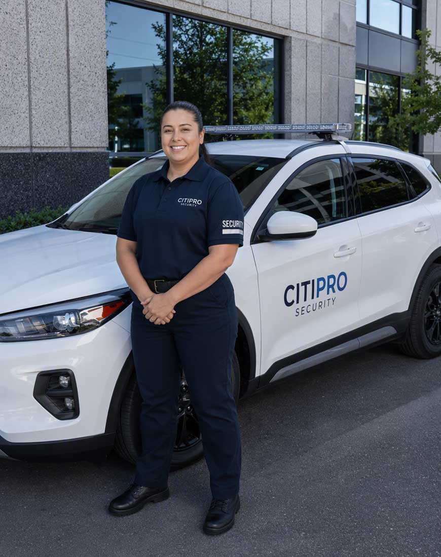 CITIPRO security officer standing beside a patrol vehicle