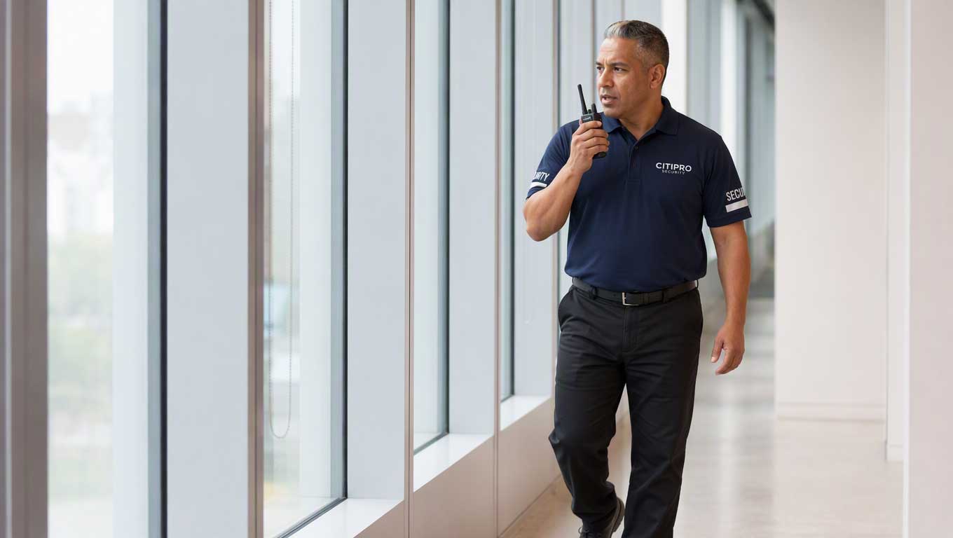 CITIPRO security officer walking down a hallway while holding a radio