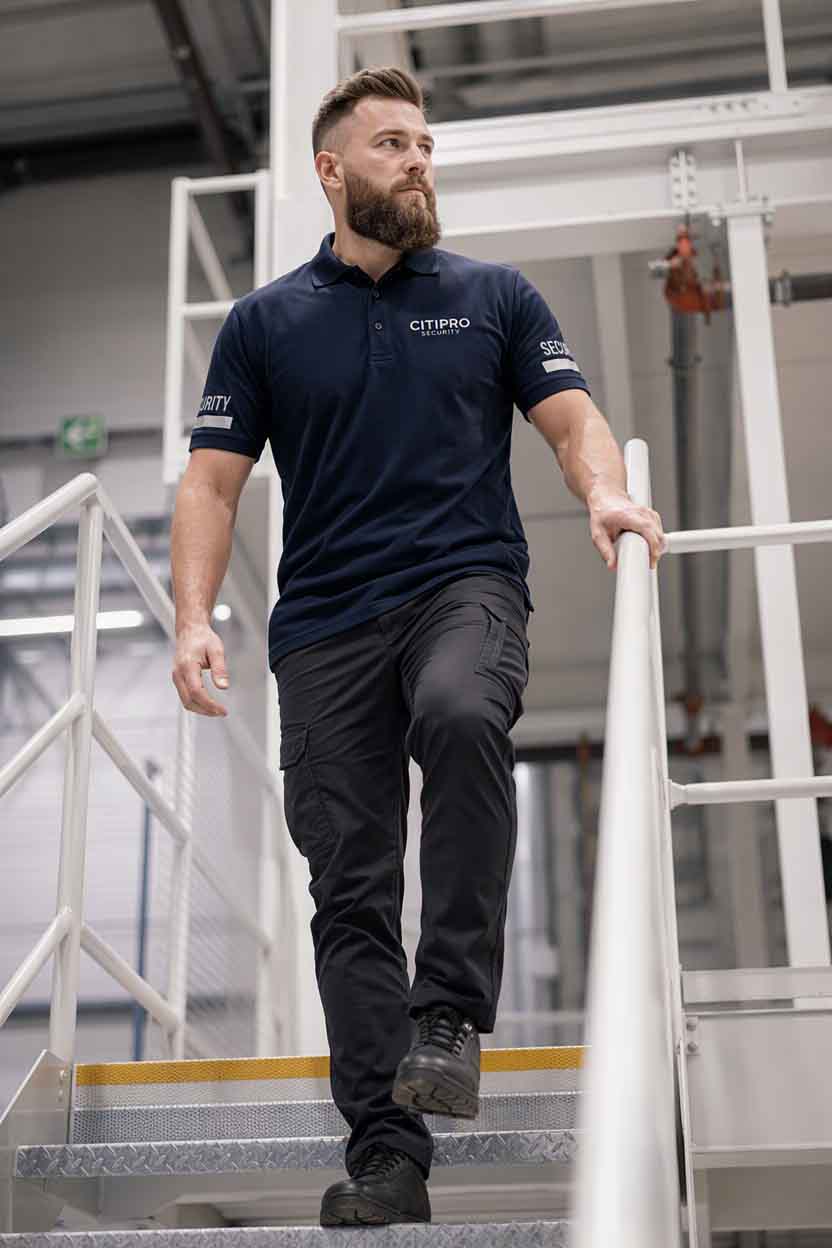 CITIPRO construction security officer walking down stairs at an active job site