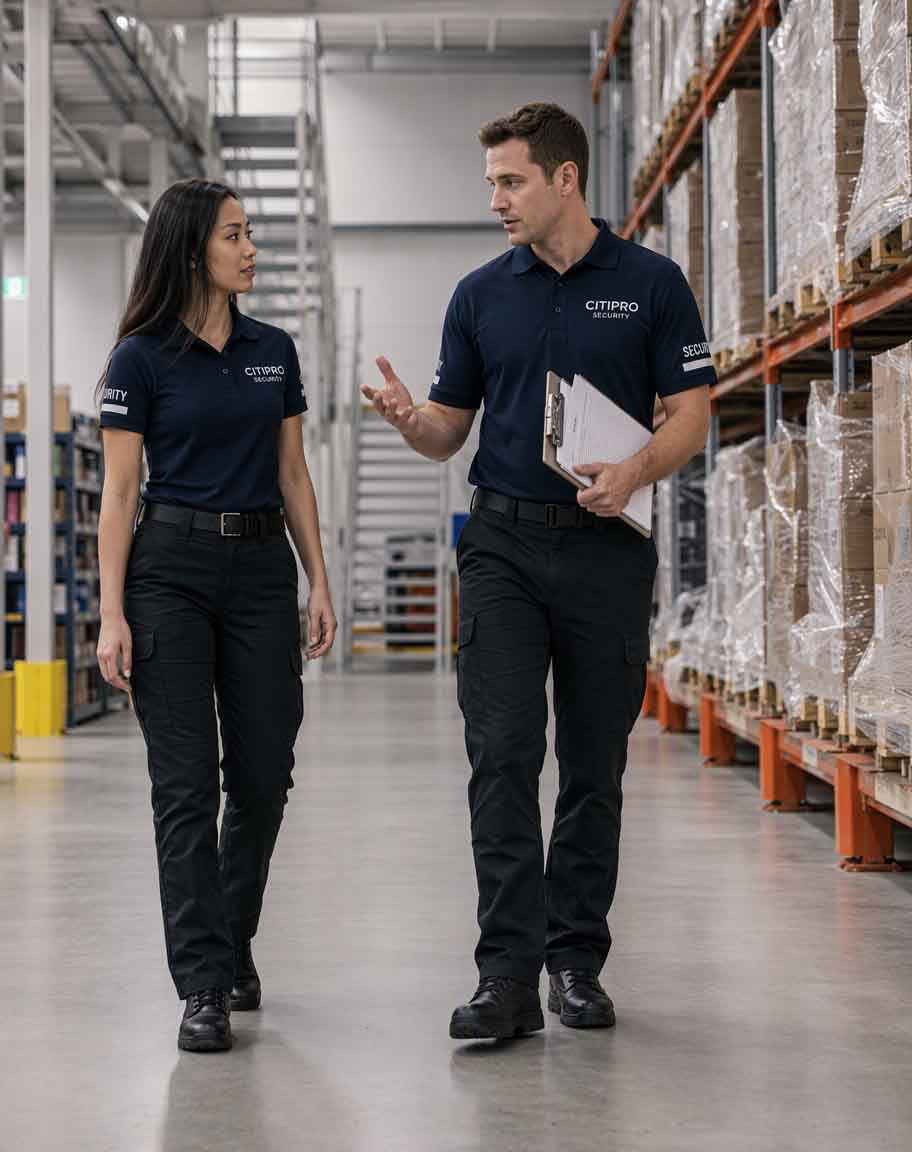 Two CITIPRO security officers walking and discussing site coverage in a warehouse aisle