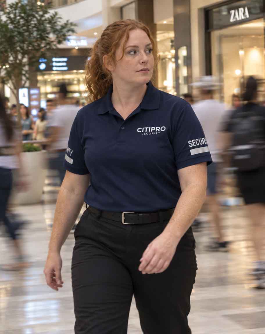 Female security officer at a retail property