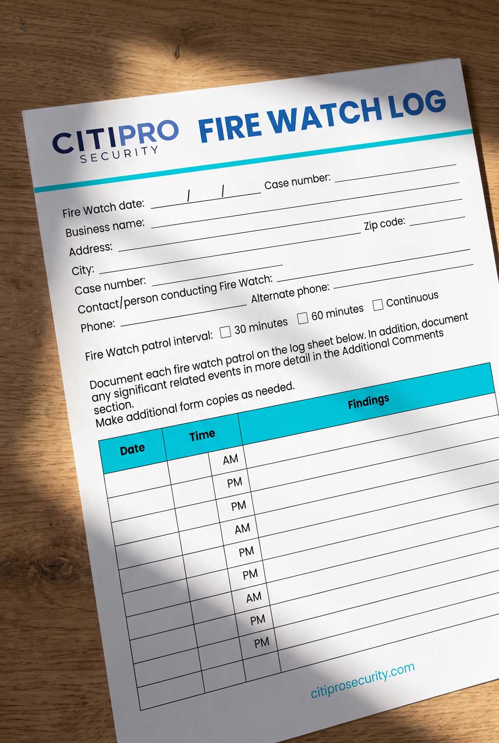 CITIPRO Security fire watch patrol log form
