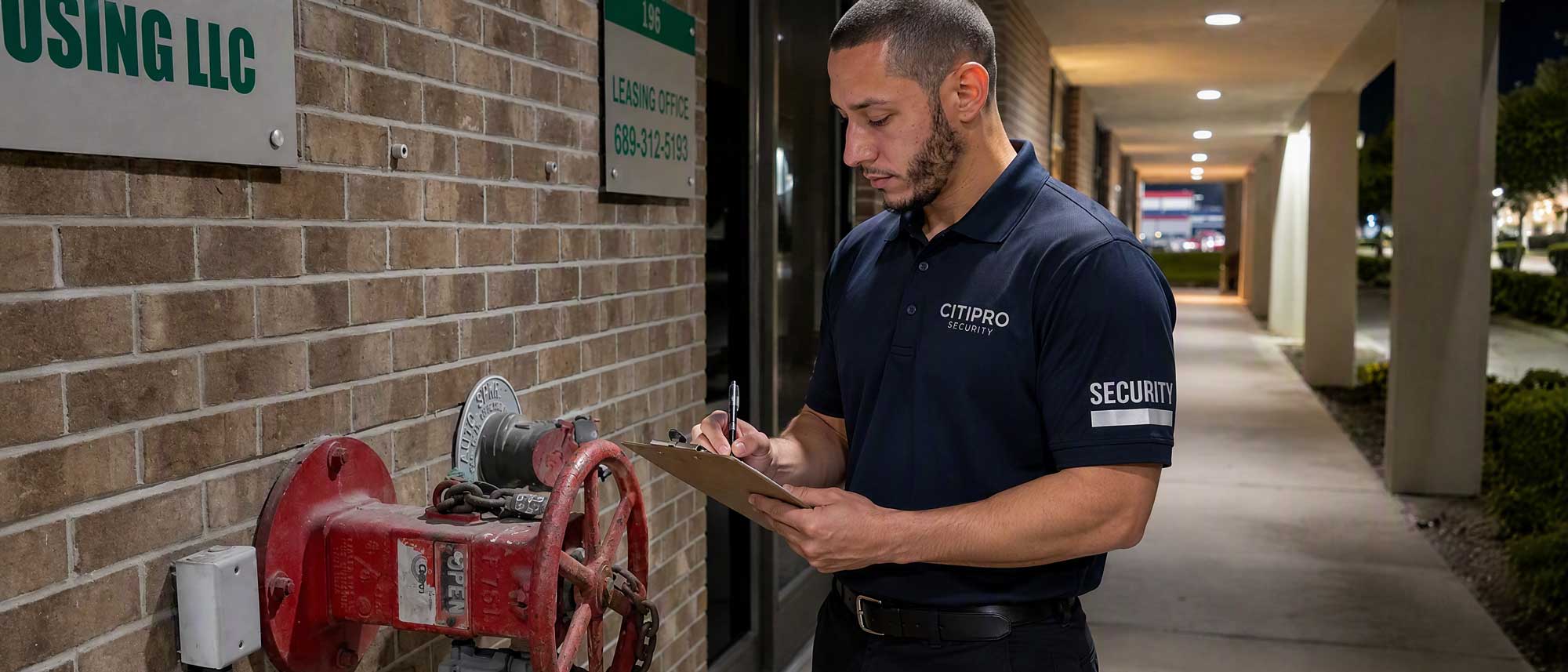 CITIPRO security officer documenting a fire watch patrol at a commercial property
