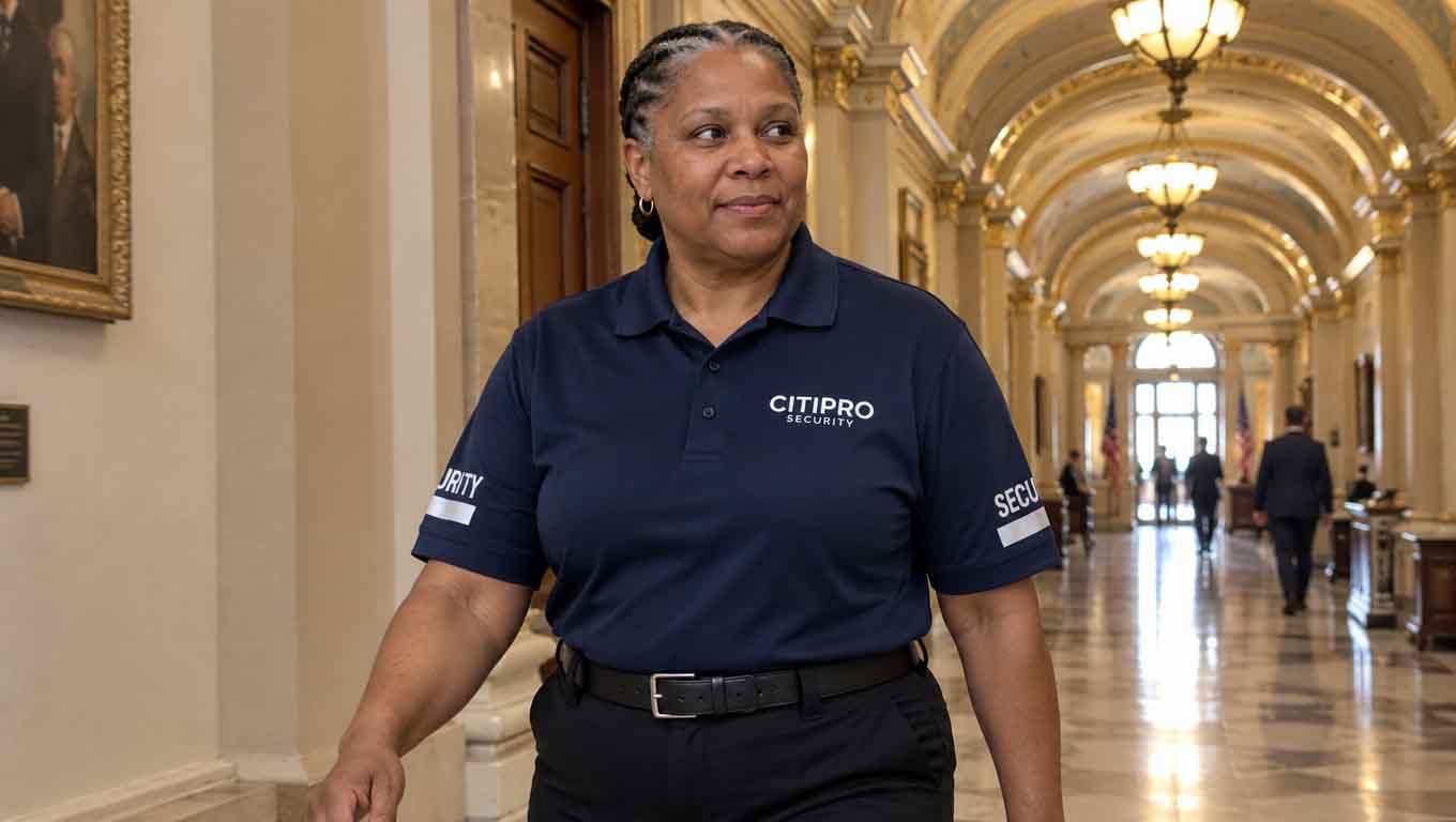 Security officer on foot patrol at a government facility