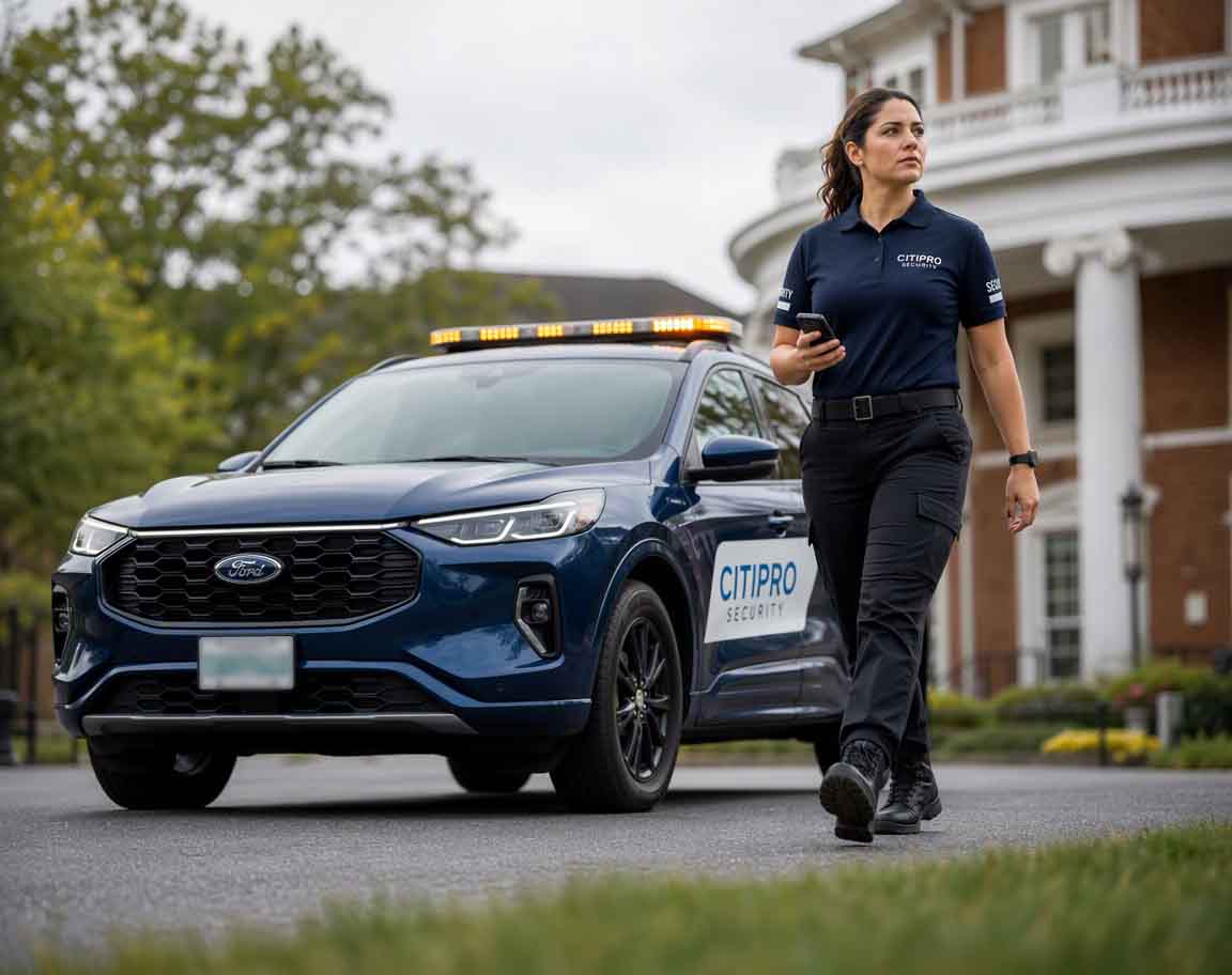 CITIPRO mobile patrol officer beside a marked security vehicle