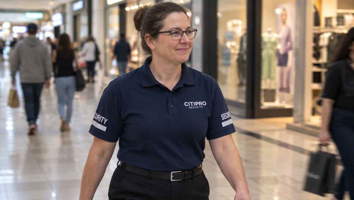 Security guard on foot patrol inside a shopping mall