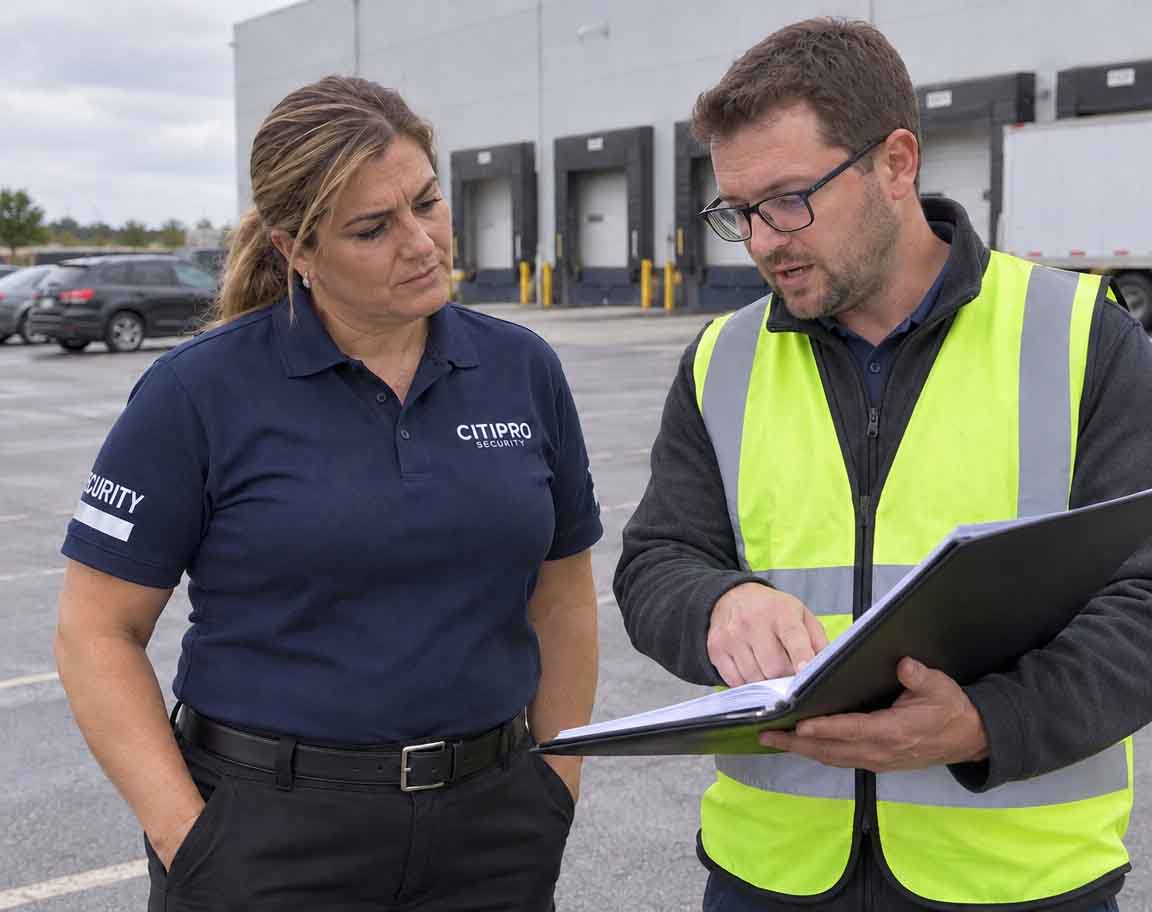 Training a new security officer at a logistics warehouse