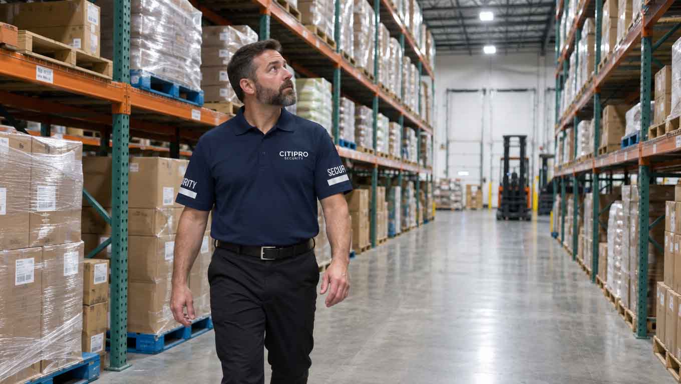 Security officer patrolling warehouse aisles