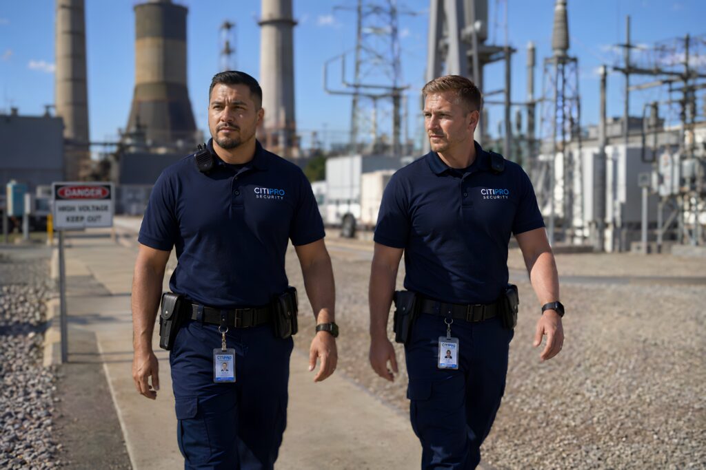Two CitiPro Security officers conducting a routine foot patrol at a power plant to provide industrial security, critical infrastructure protection, and facility monitoring.