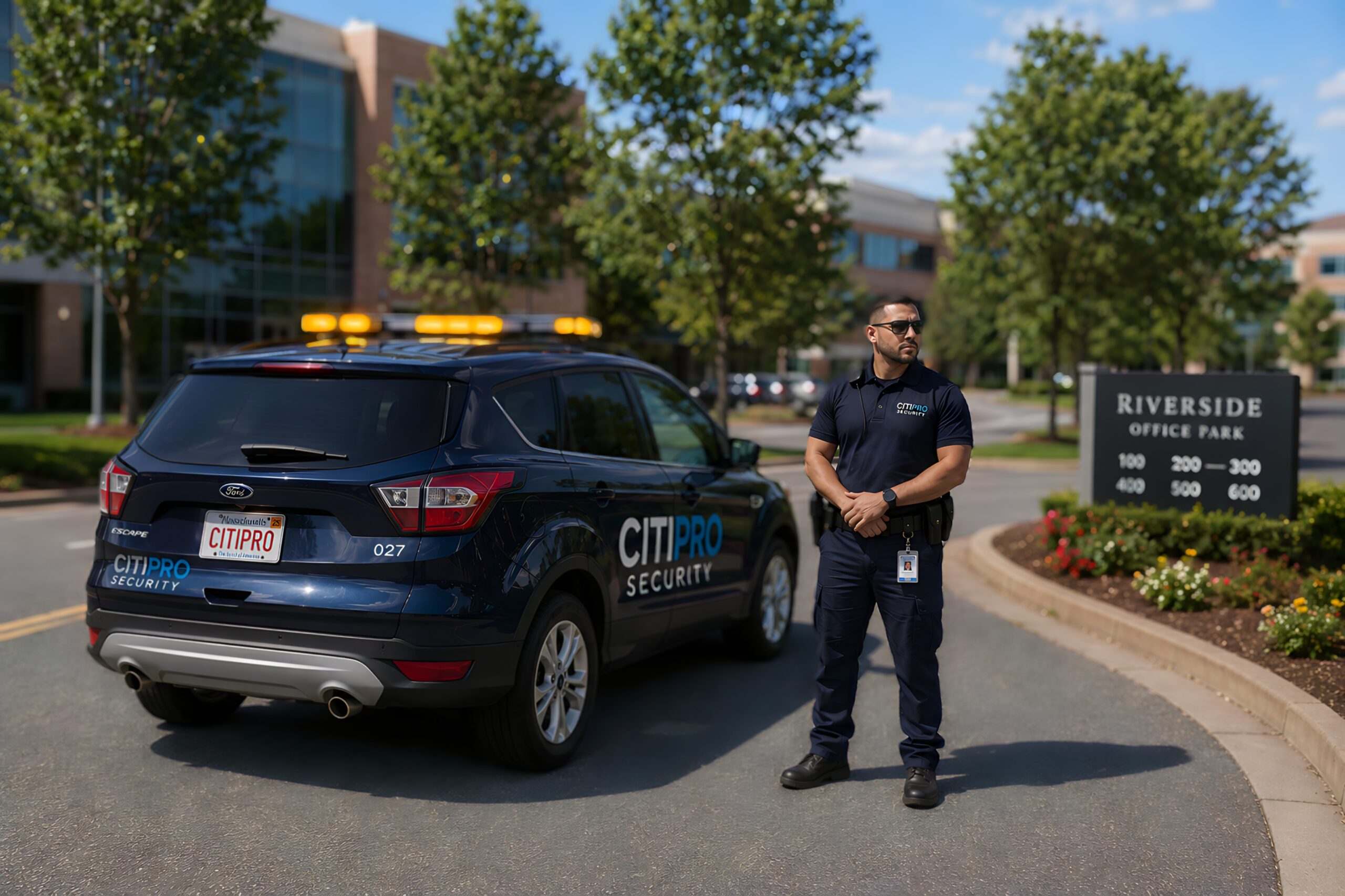 Professional CitiPro Security officer standing beside a branded Ford Escape mobile patrol vehicle at a corporate office park, providing commercial property security, mobile patrol, and asset protection services.