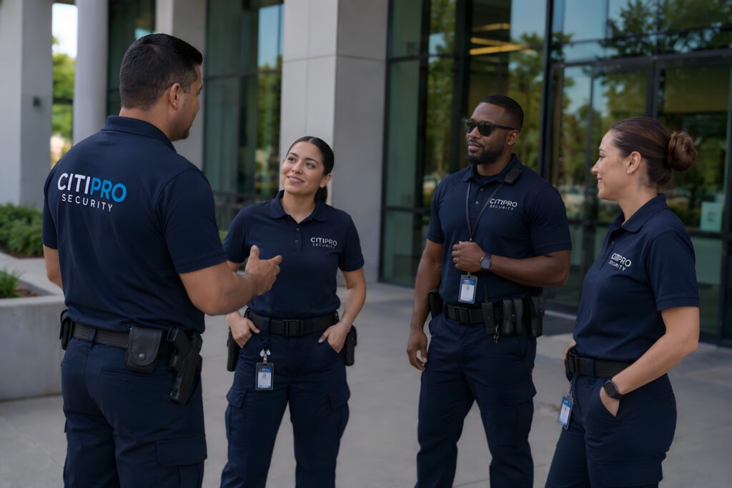 CitiPro Security supervisor leading a pre-shift briefing with a diverse team of uniformed security officers outside a modern corporate office building.