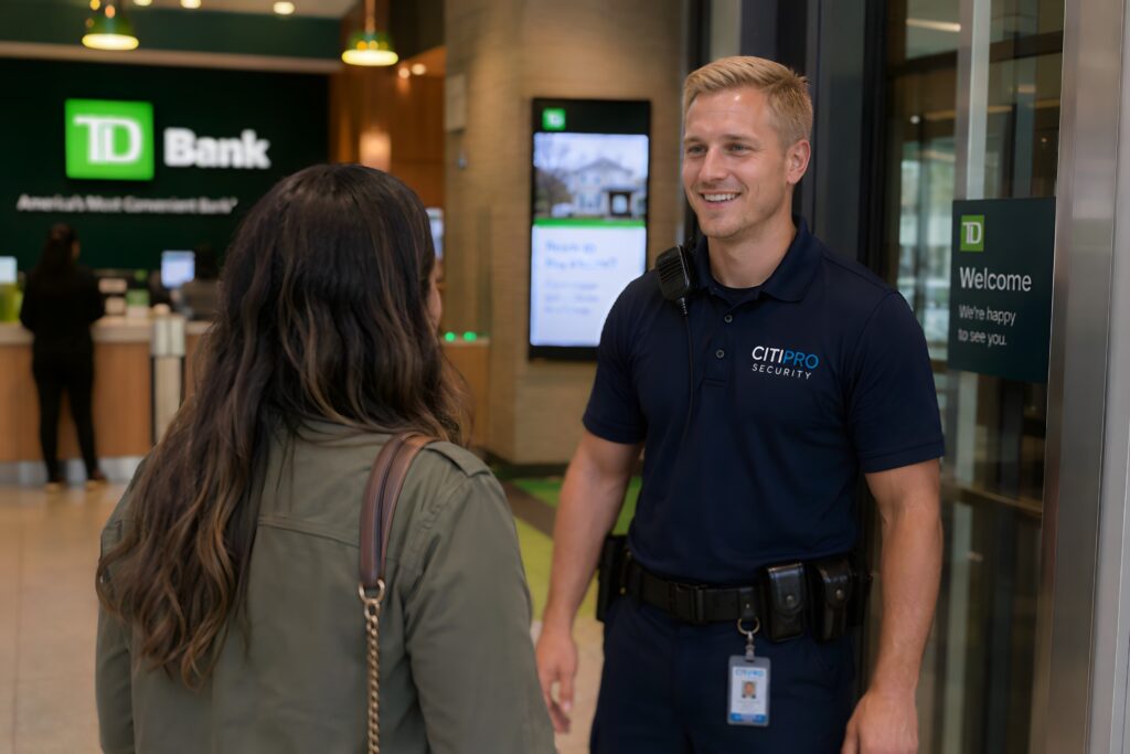 Professional CitiPro Security officer greeting a customer at the entrance of a TD Bank branch while providing bank security, customer assistance, and access control services.