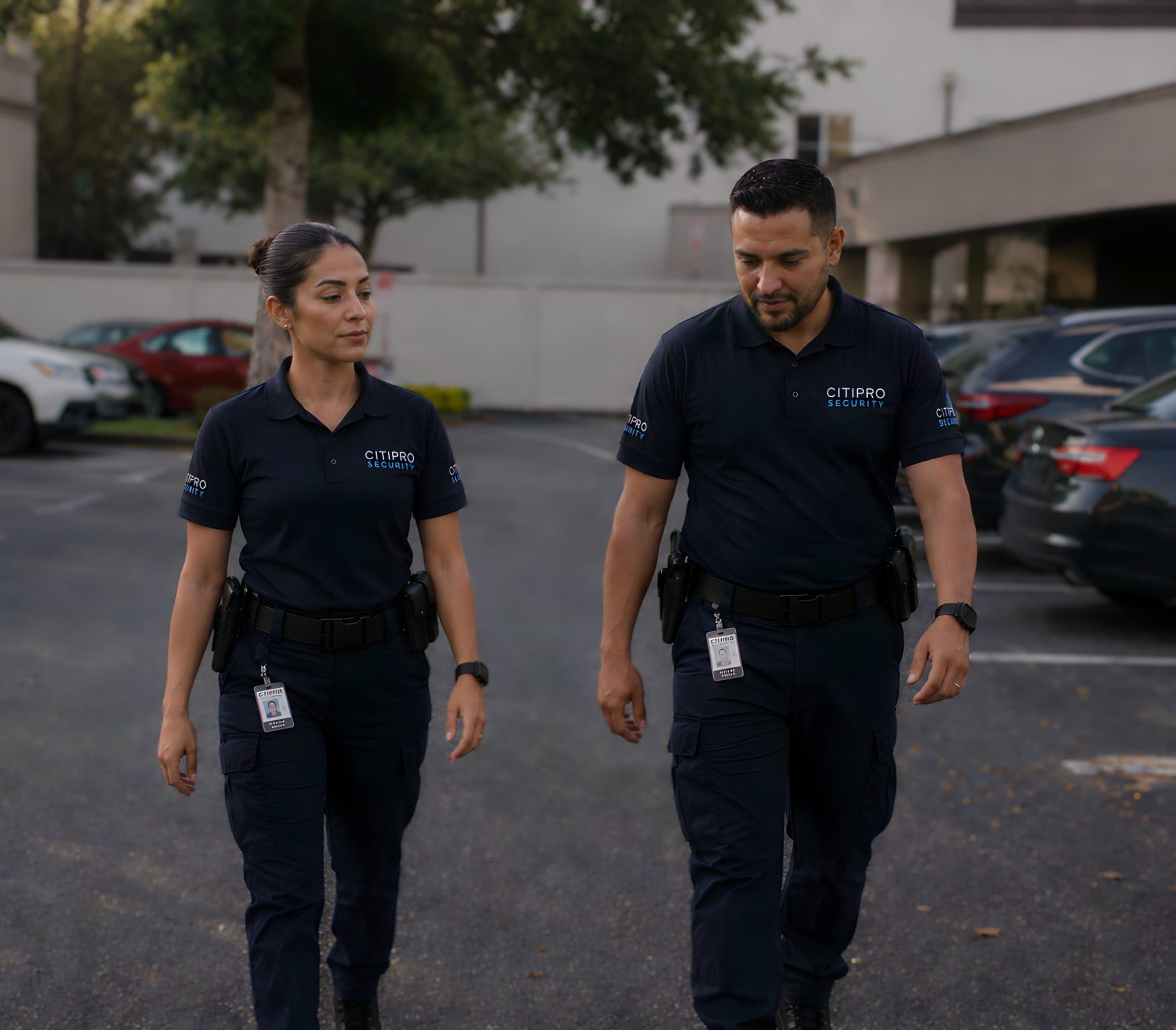 Two licensed CitiPro Security security guards conducting a parking lot patrol as part of professional security services.