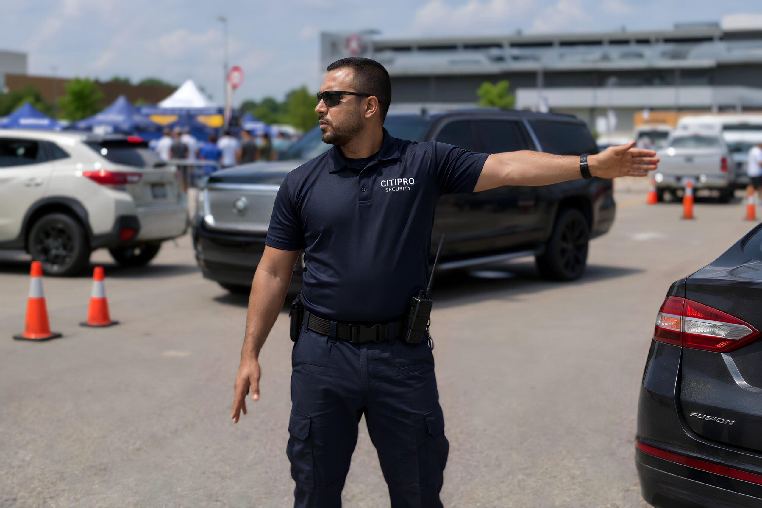 Professional CitiPro Security guard directing traffic at a busy outdoor event, providing event security, traffic control, and parking management services.